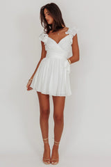 Lola Ruffle Shoulder Ruched Dress White
