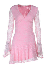 Long Sleeves Pink Lace Short Dress
