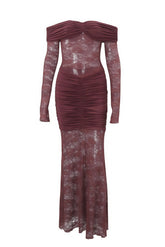 Long Sleeves Brown Lace Sheer Mermaid Dress