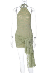 Halter Sage Green Lace Tight Dress with Train