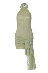 Halter Sage Green Lace Tight Dress with Train