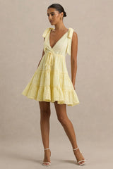 Corrina | Lemon Broderie Plunge-Neck Mini Dress
