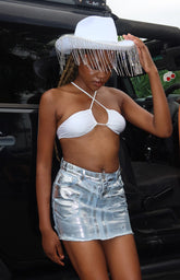 Groove Metallic Silver Denim Mini Skirt