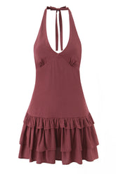 Halter Wine Red Ruffle A-line Short Dress