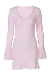 Long Sleeves Pink Lace Ruffled Short Dress