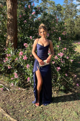 Navy Blue Straps Satin Ruched Long Dress with Slit