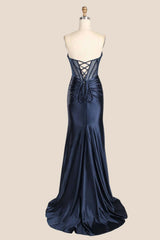 Navy Blue Beaded Ruched Satin Fitted Formal Dress