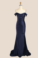 Off the Shoulder Navy Blue Satin Mermaid Formal Dress