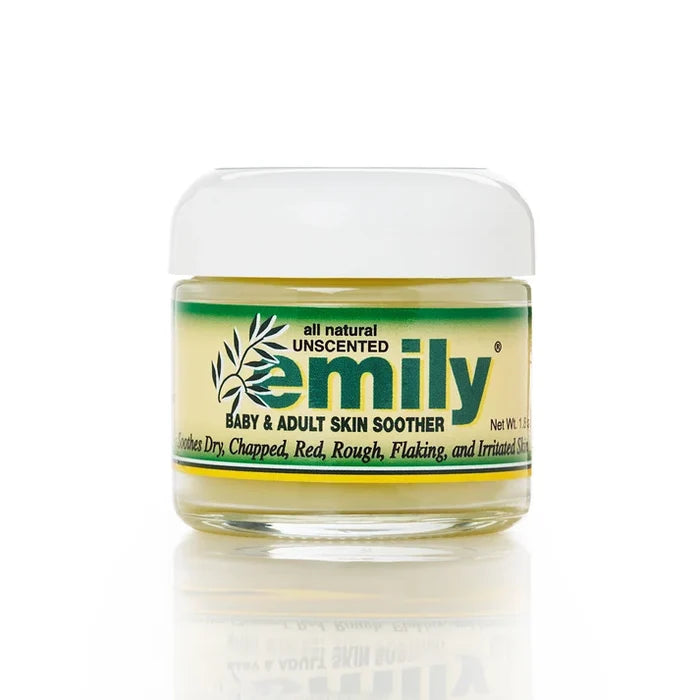 Jar of 'Emily' baby and adult skin soother on a white background