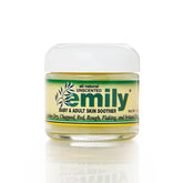 Jar of 'Emily' baby and adult skin soother on a white background