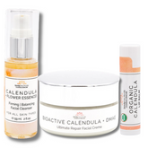 A grouped image of the Bodyceuticals Facial Bundle products, including the Calendula Face Eczema Cream, Organic Calendula Eczema Face Wash, and Eczema Lip Balm.