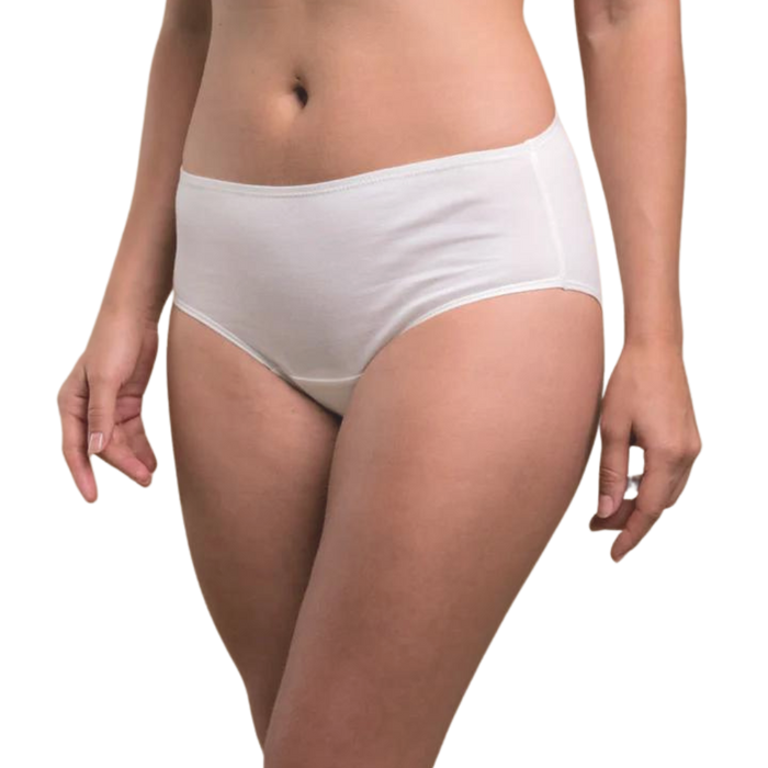 Organic cotton latex free panties in a waist brief style in white on a model.
