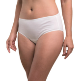 Organic cotton latex free panties in a waist brief style in white on a model.