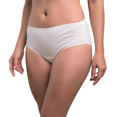 Organic cotton latex free panties in a waist brief style in white on a model.