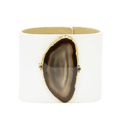 LOVED CUFF - MOONSTONE WHITE LEATHER WITH BROWN AGATE – L.1.03.004.2097
