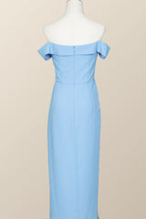 Off the Shoulder Blue Draped Midi Bridesmaid Dress