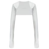 Front view of adult scratch sleeves with anti scratch mitt in shape of model, without model. Color is white.