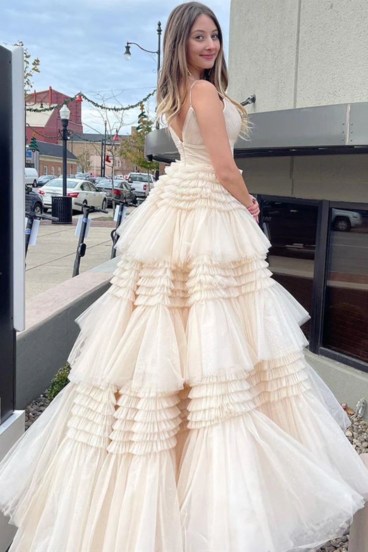 Light Blue Tiered Ruffle Long Ball Gown with Straps