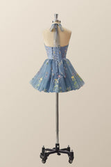 High Neck Blue Floral A-line Short Dress