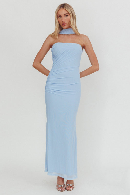 Truth Be Told Reverse Halter Maxi Dress Blue