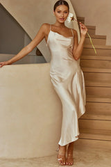 Morning Sun Cowl Neckline Asymmetrical Hem Midi Dress Champagne