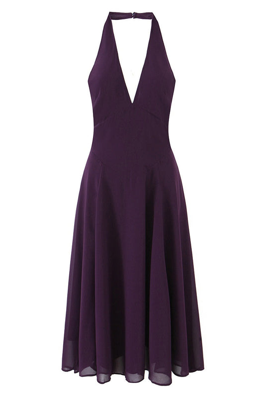 Halter V-neck Purple Long Dress