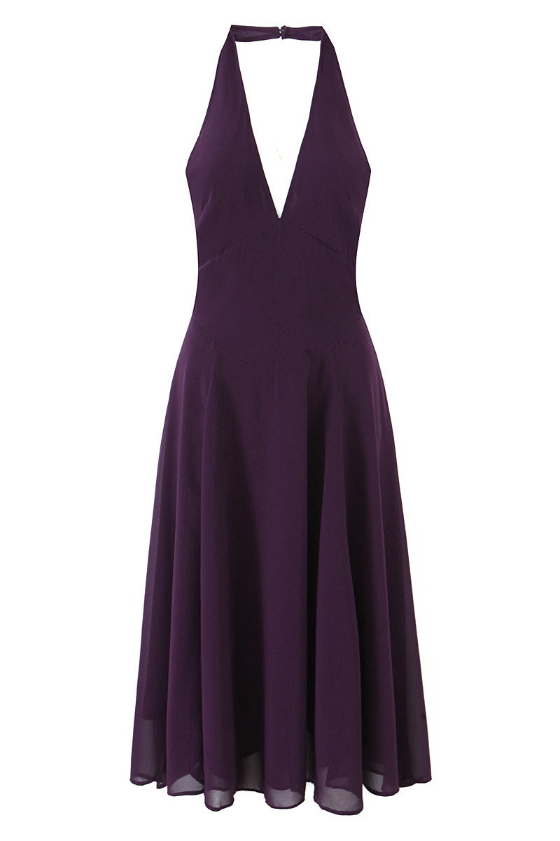 Halter V-neck Purple Long Dress