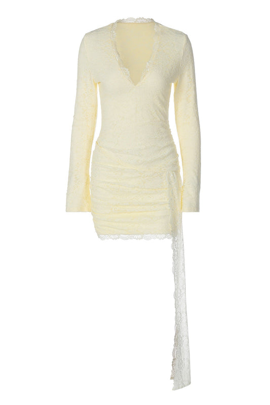 Long Sleeves Yellow Lace Tight Dress
