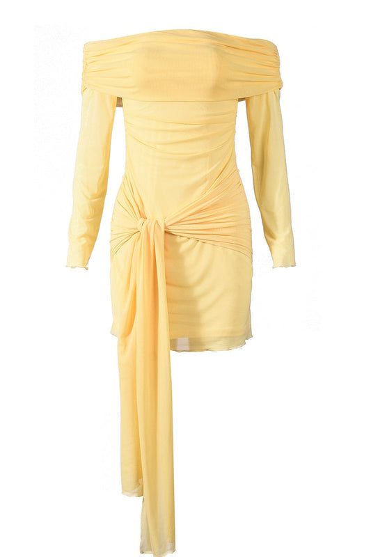 Long Sleeves Yellow Ruched Tight Short Dress