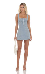 Denim Striped Bow Dress in Light Blue