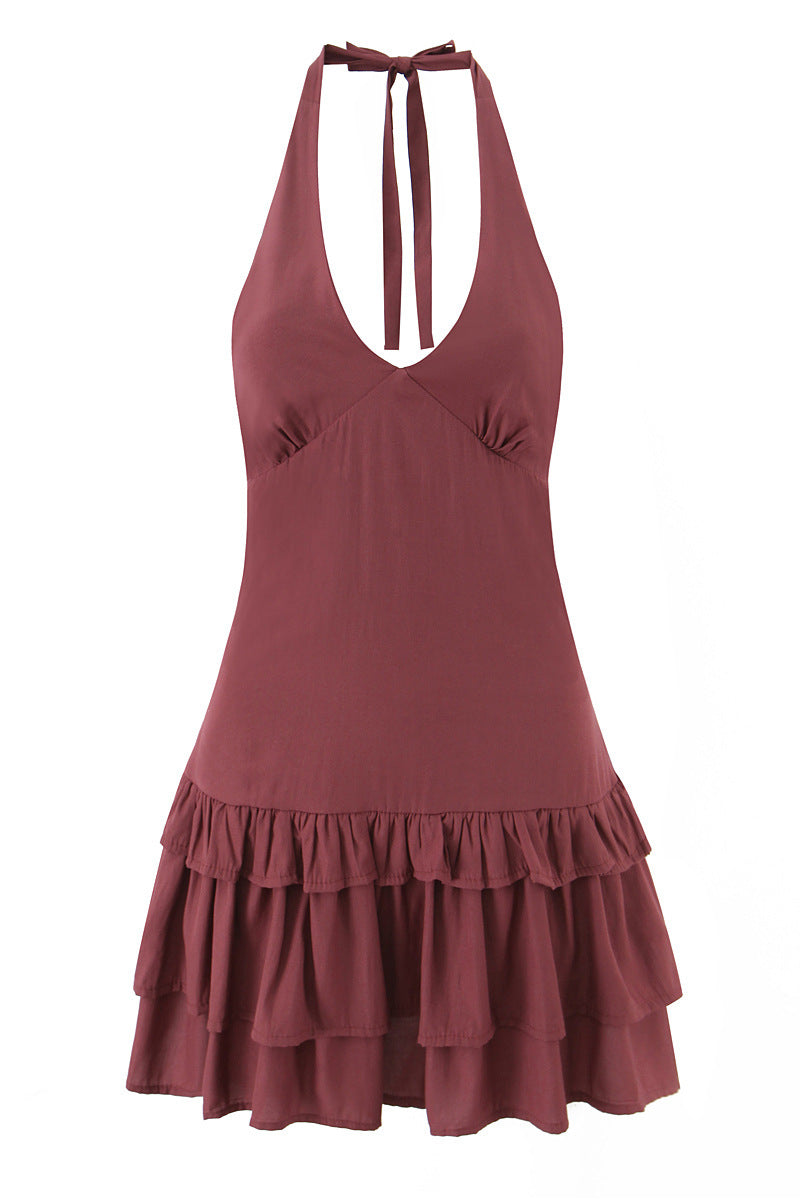 Halter Wine Red Ruffle A-line Short Dress
