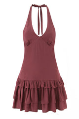 Halter Wine Red Ruffle A-line Short Dress