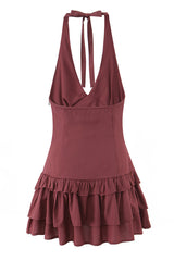 Halter Wine Red Ruffle A-line Short Dress