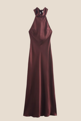 High Neck Burgundy Open Back Long Dress