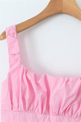 High Waist Pink Ruched Short Summer Dress