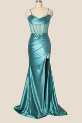 Light Teal Beaded Sheer Mermaid Long Dress