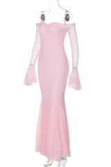 Long Sleeves Pink Lace Mermaid Long Party Dress