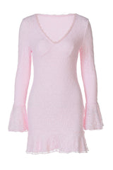 Long Sleeves Pink Lace Ruffled Short Dress