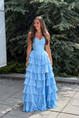 Light Blue Corset Chiffon Tiered Formal Gown