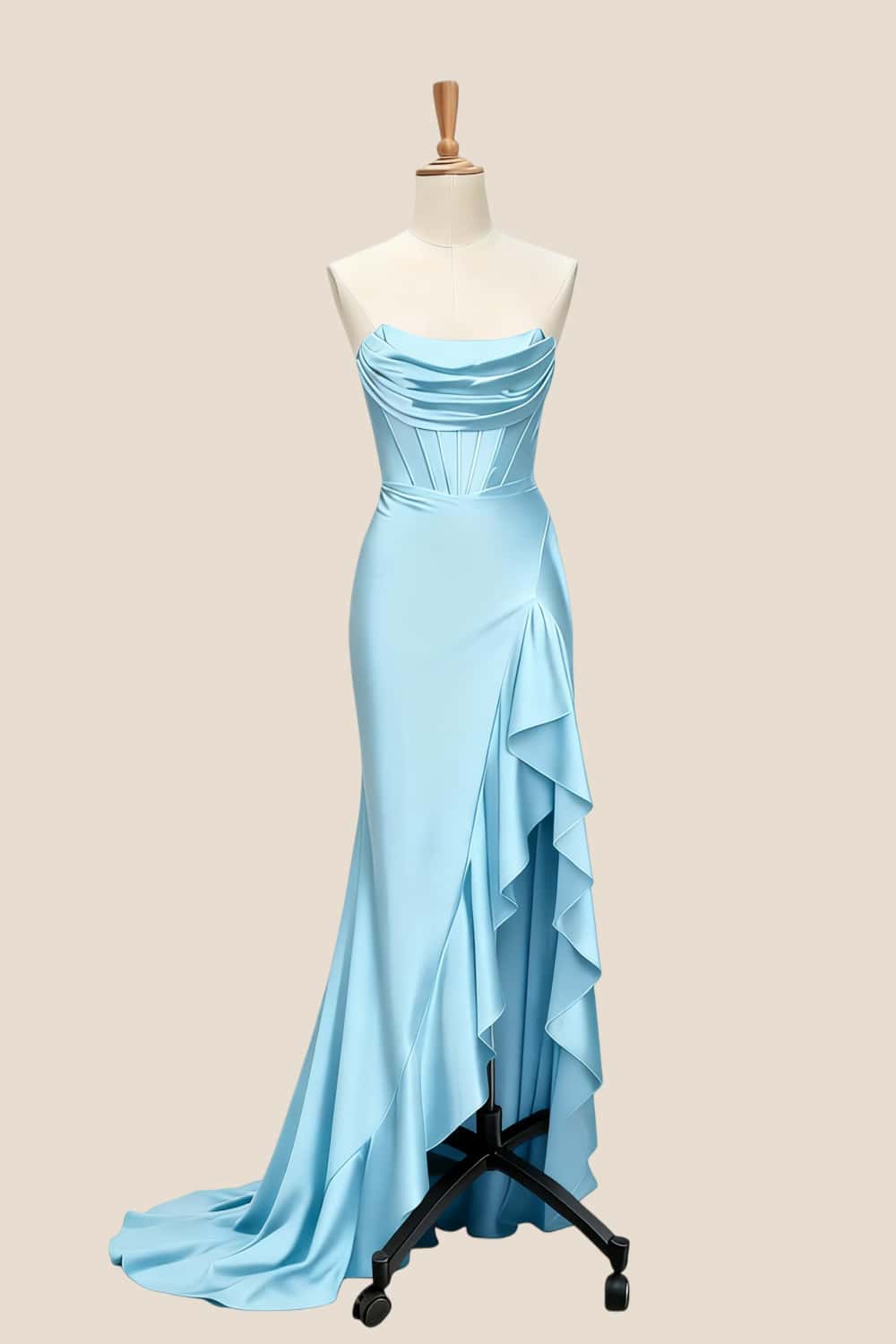 Light Blue Satin Cowl Neck Frill Slit Long Dress