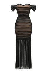 Off the Shoulder Black Ruched Fitted Long Dress