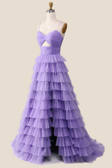 Knotted Purple Tulle Tiered Long Party Dress