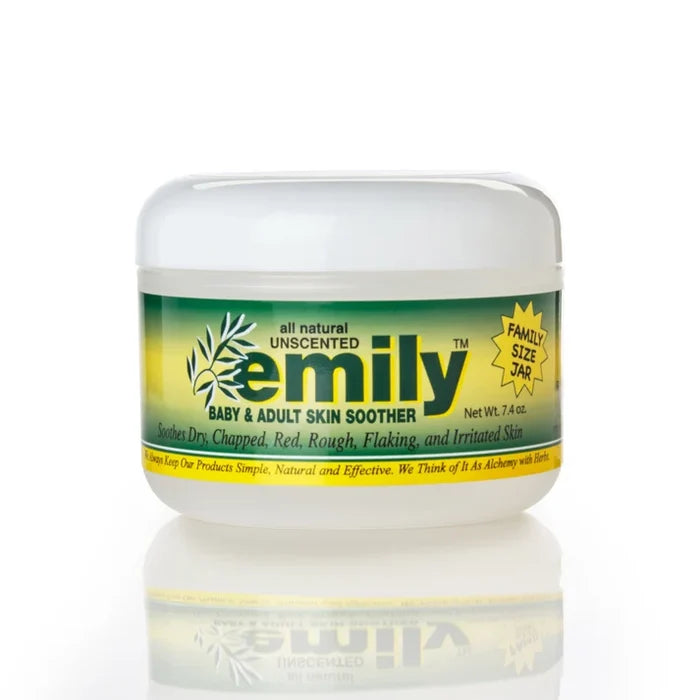 Jar of 'Emily' baby and adult skin soother on a white background