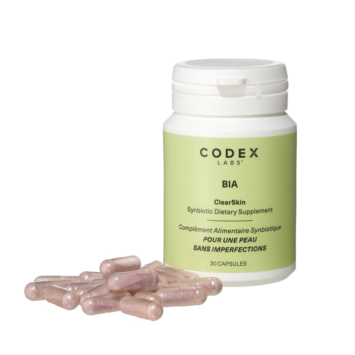 Eczema Supplement bottle labeled 'CODEX LABS' with capsules on a white background