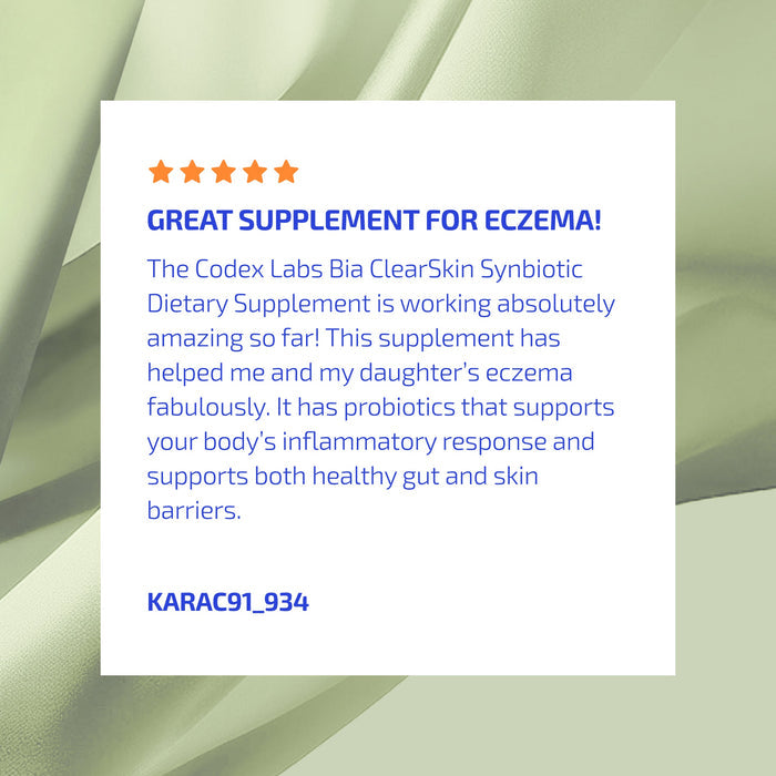 Product review for Codex Labs Bia ClearSkin Synbiotic Dietary Supplement on a light green abstract background