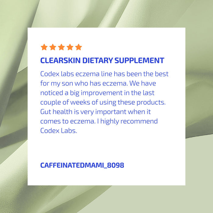 Product review for Clearskin dietary supplement on a light green abstract background