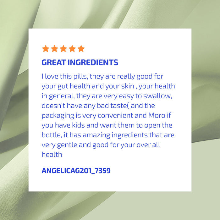 Product review with five-star rating and text on a light green background