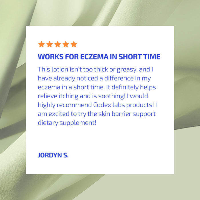 Product review card for Codex Labs lotion with five-star rating and positive feedback on effectiveness for eczema.