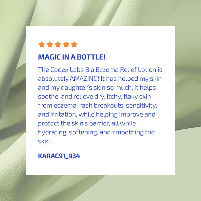 Product review for Codex Labs Bia Eczema Relief Lotion with five-star rating and positive comments.
