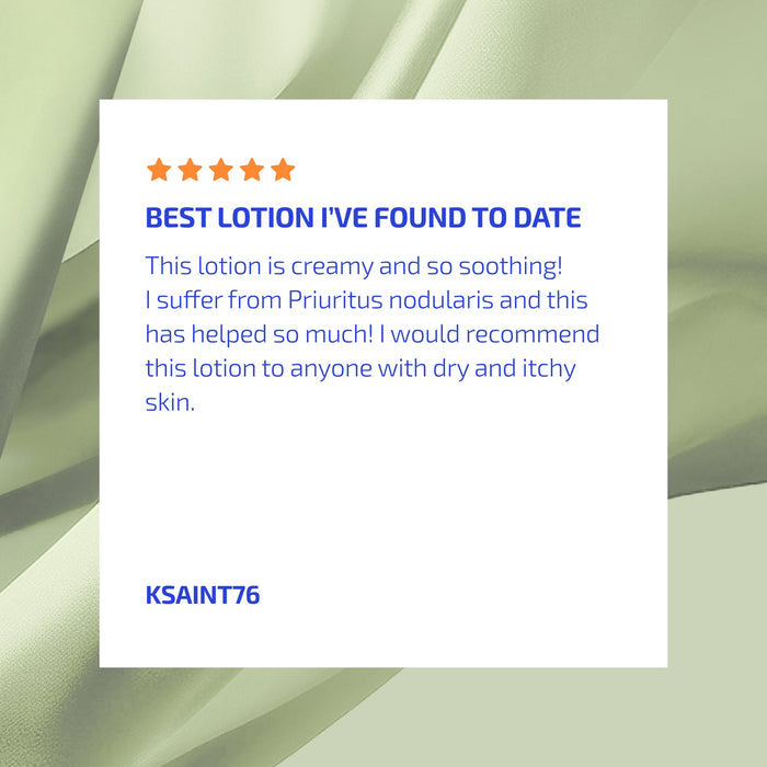 Product review card with five-star rating and text on a green abstract background